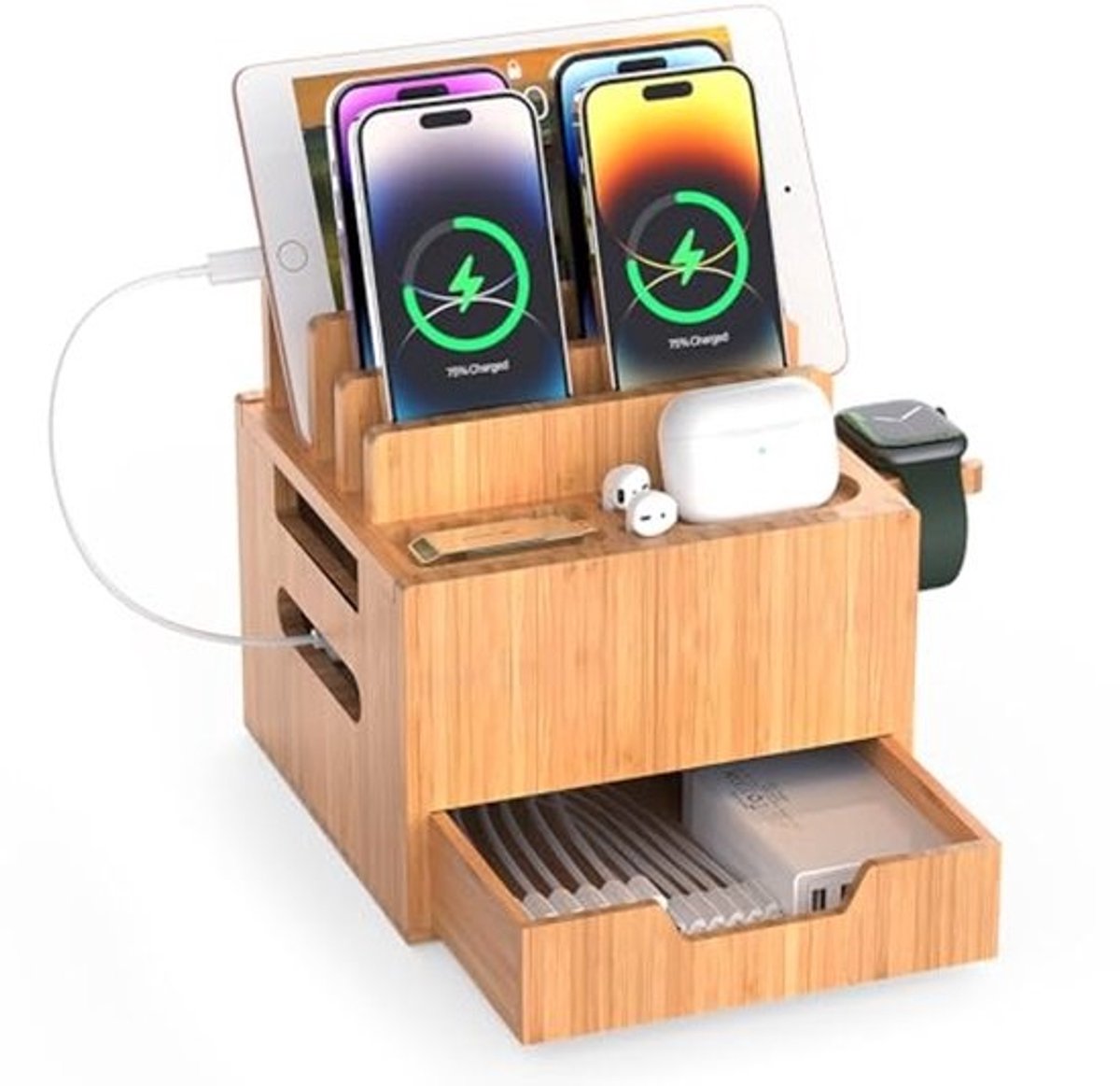 Bamboe Oplaadstation voor Meerdere Apparaten – Organizer voor Telefoons en Horloges