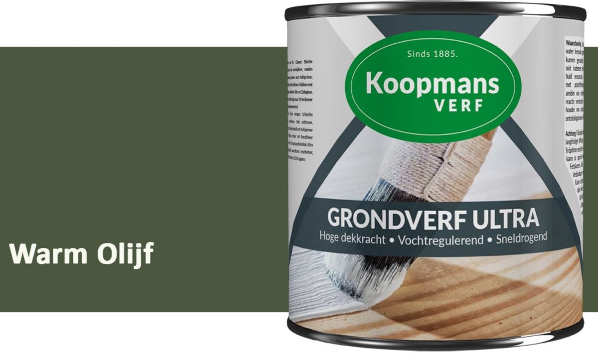 Koopmans Grondverf Ultra – Grondverf Hout & Metaal Binnen en Buiten – Vochtregulerende Primer – Hoge Dekking – Zijdeglans – Warm Olijf – 375 ml
