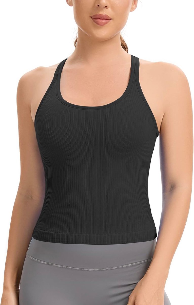 Vesttop met ingebouwde beha, sporttop voor dames, geribbeld, gym, tanktop, racerback workout yoga shirt