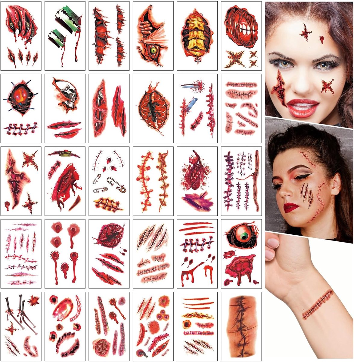 Tattoo, gezichtsstickers, 30 vellen littekens, tatoeages, Halloween, wonden, Halloween, tatoeagestickers, horrorstickers