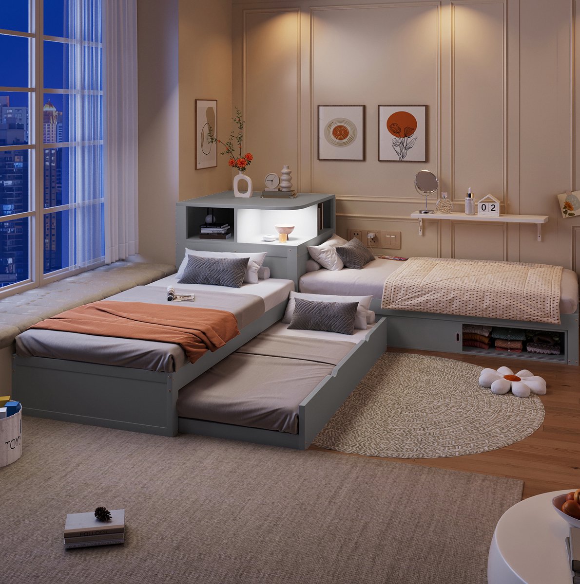 Bed – Uitschuifbed – 90 x 200 cm – MDF en Grenenhout – Grijs – Met Opbergruimte, Schuifdeuren en Nachtlicht