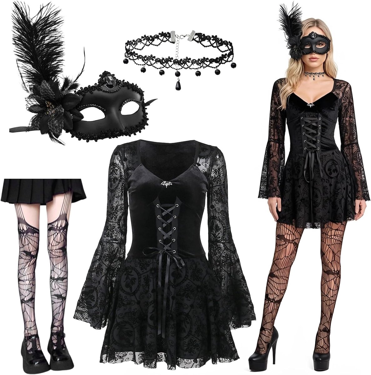 Halloweenkostuum voor dames, avondjurk, vampierkostuum, gothic jurk, carnavalskostuum, Halloween veterjurk met oogmasker, halsketting, vleermuispanty's voor Halloween, carnaval, themafeest