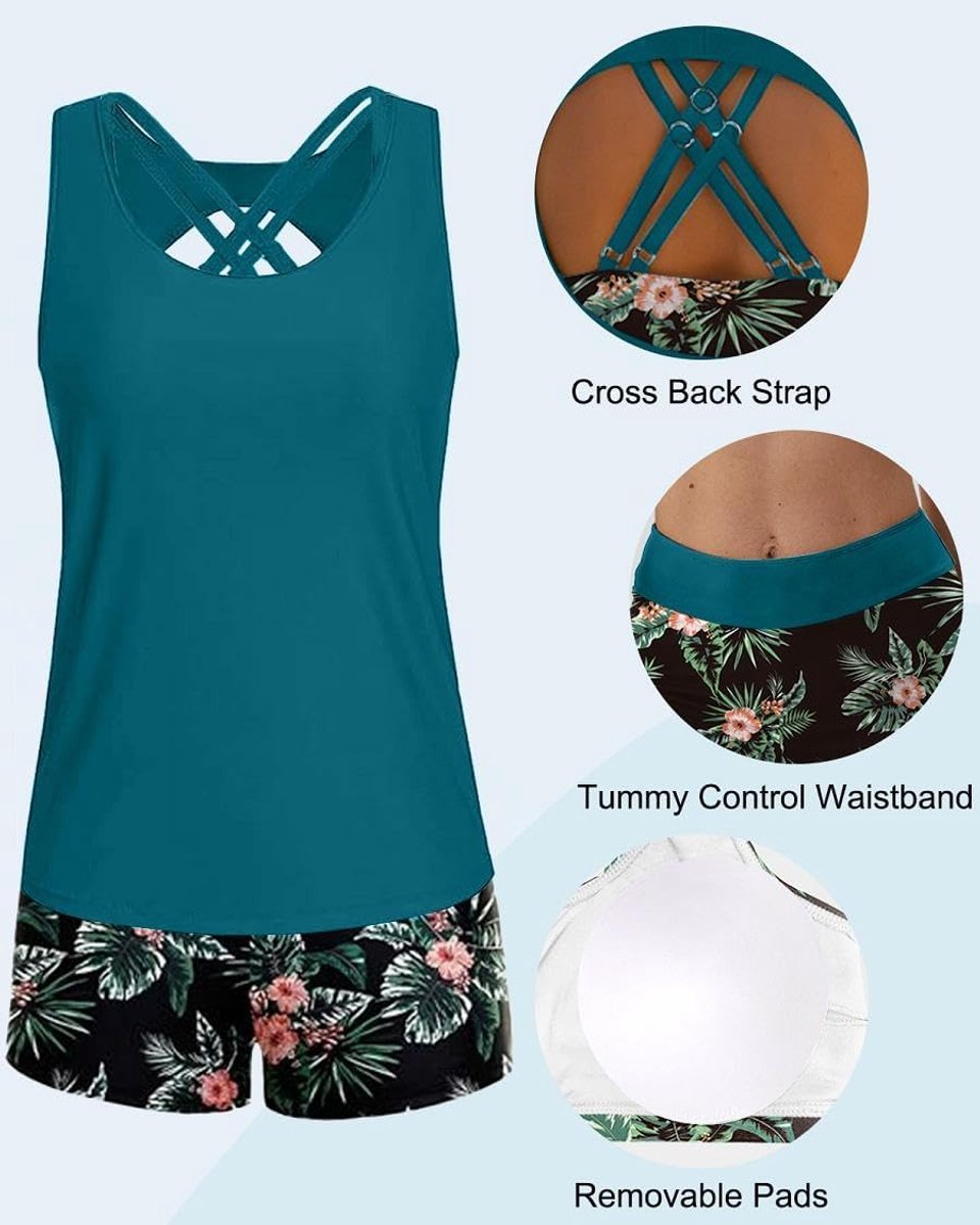 3-delige tankini-set voor dames, buikcontrole, tankini-zwempak, grote maten, zwemkleding, uitgeholde tankini-top, verstelbare bikinitop met hoge taille