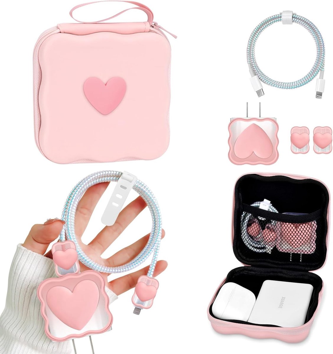 Kabelorganizer met Bescherming voor Oplaadkabels, Geschikt voor iPhone en USB-C, Draadbesparing met 3D Hartpatroon voor Meisjes, Antibreak Accessoires voor Huisdieren