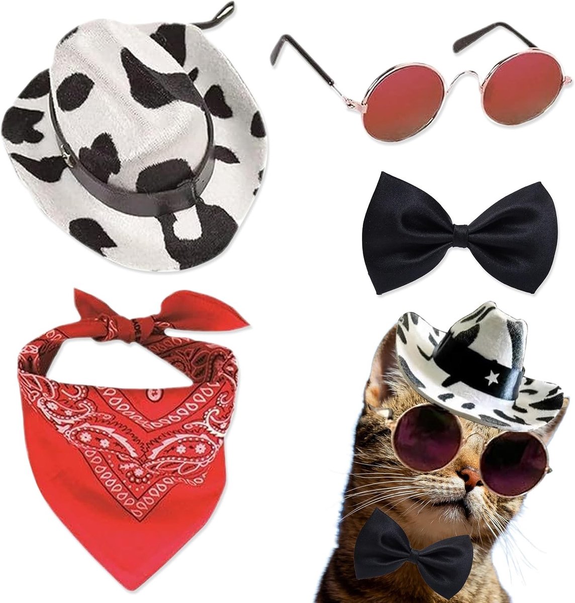 Cowboy Hoed Set voor Honden en Katten met Sjaal, Zonnebril en Strik, Perfect voor Dierenfeestjes en Verkleedpartijen