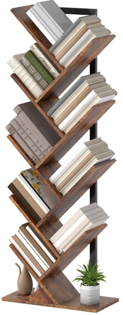 DESMIU Boekenkast – Boomvorm Met 9 Planken – 50 x 24 x 136 cm – Hout En Metaal – Rustiek Bruin – Voor Woonkamer En Kantoor