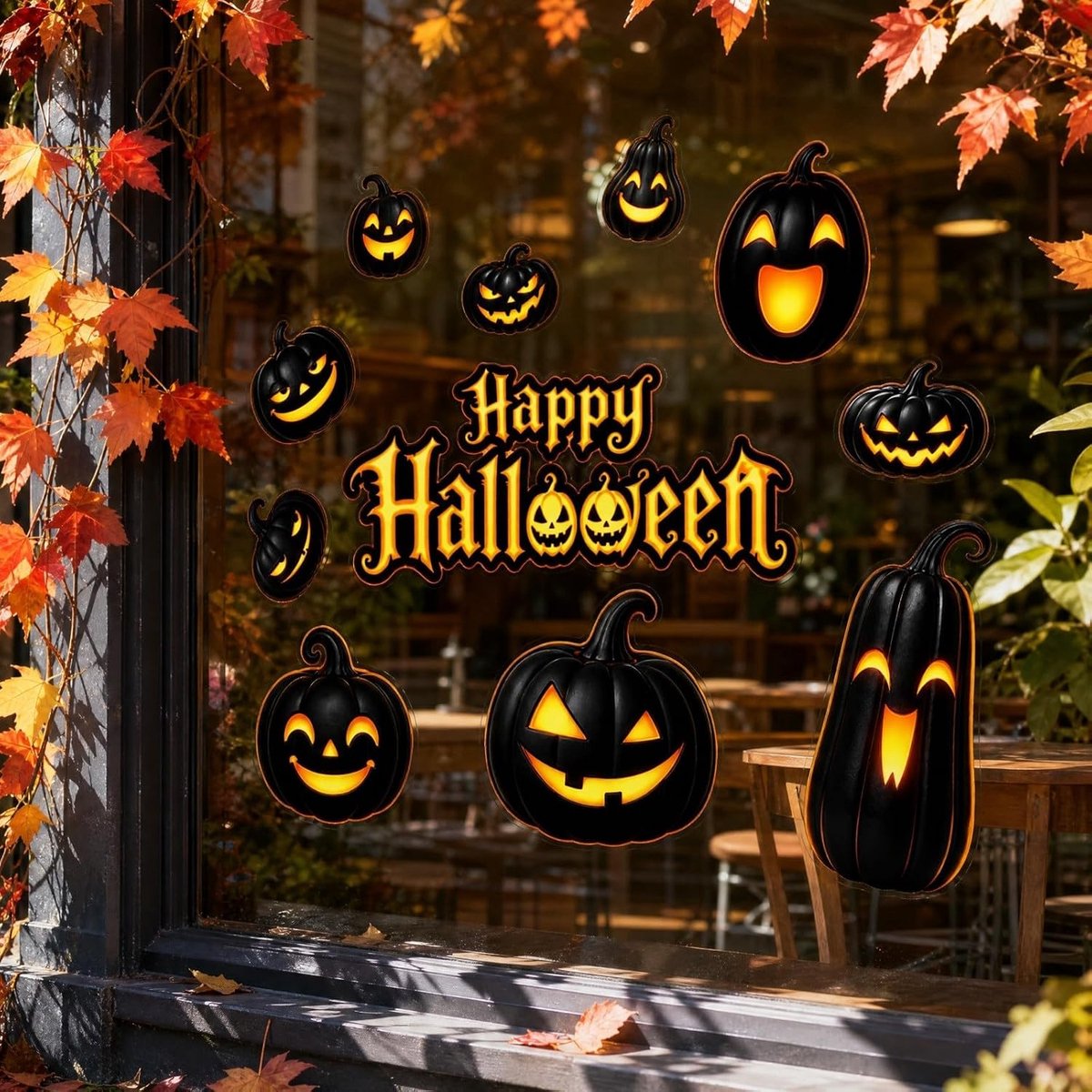 Halloween Raamstickers - 8 Vellen Herbruikbare Statische Raamdecal - Zwarte Pompoenlantaarn Ontwerp - Dubbelzijdig voor Glas Deur en Spiegel - Halloween Feestdecoratie - 8 Vellen