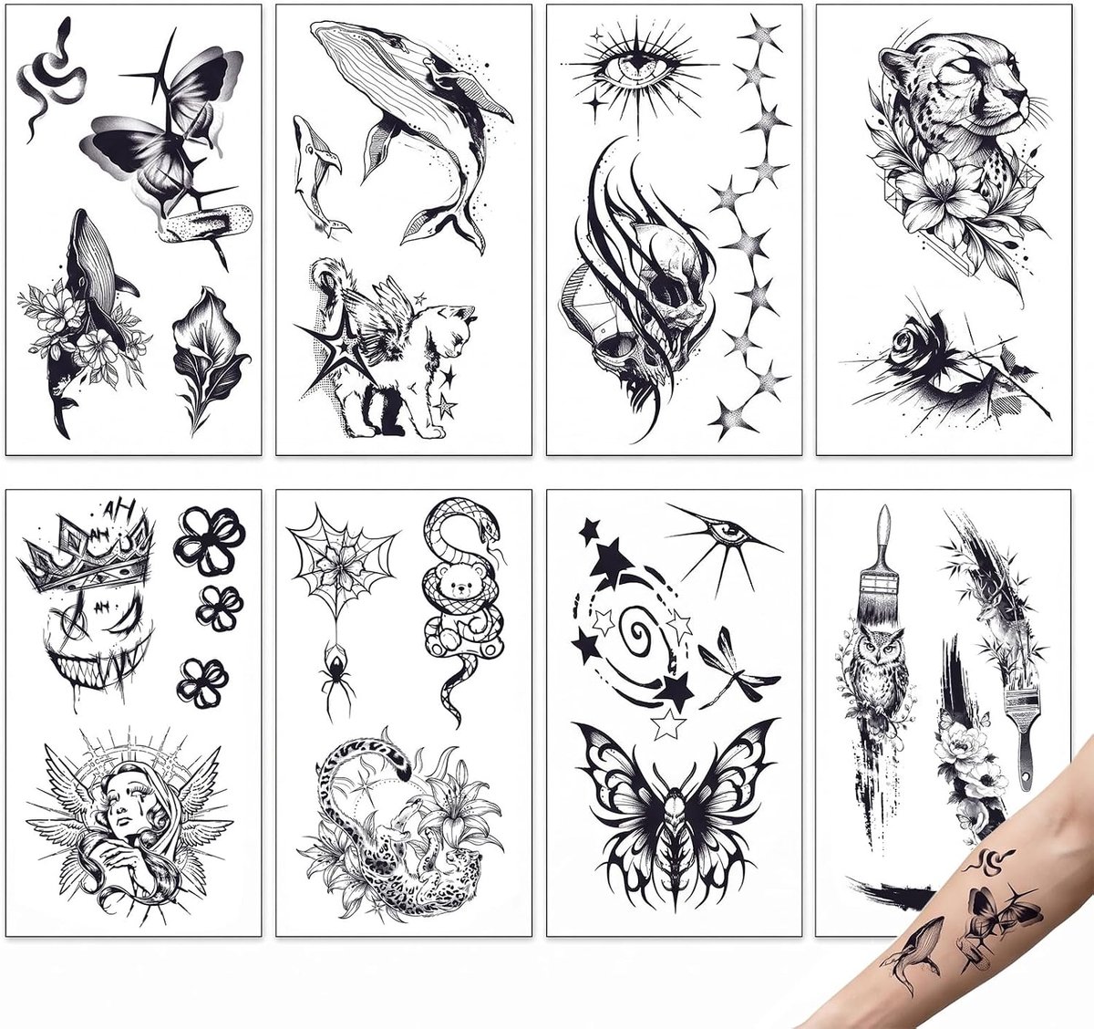 Tijdelijke tatoeages voor volwassenen, zwart, realistische matte plaktatoeages, Dark Art, waterdichte tattoo-stickers voor festival, party en streetwear, retro motieven zoals engel