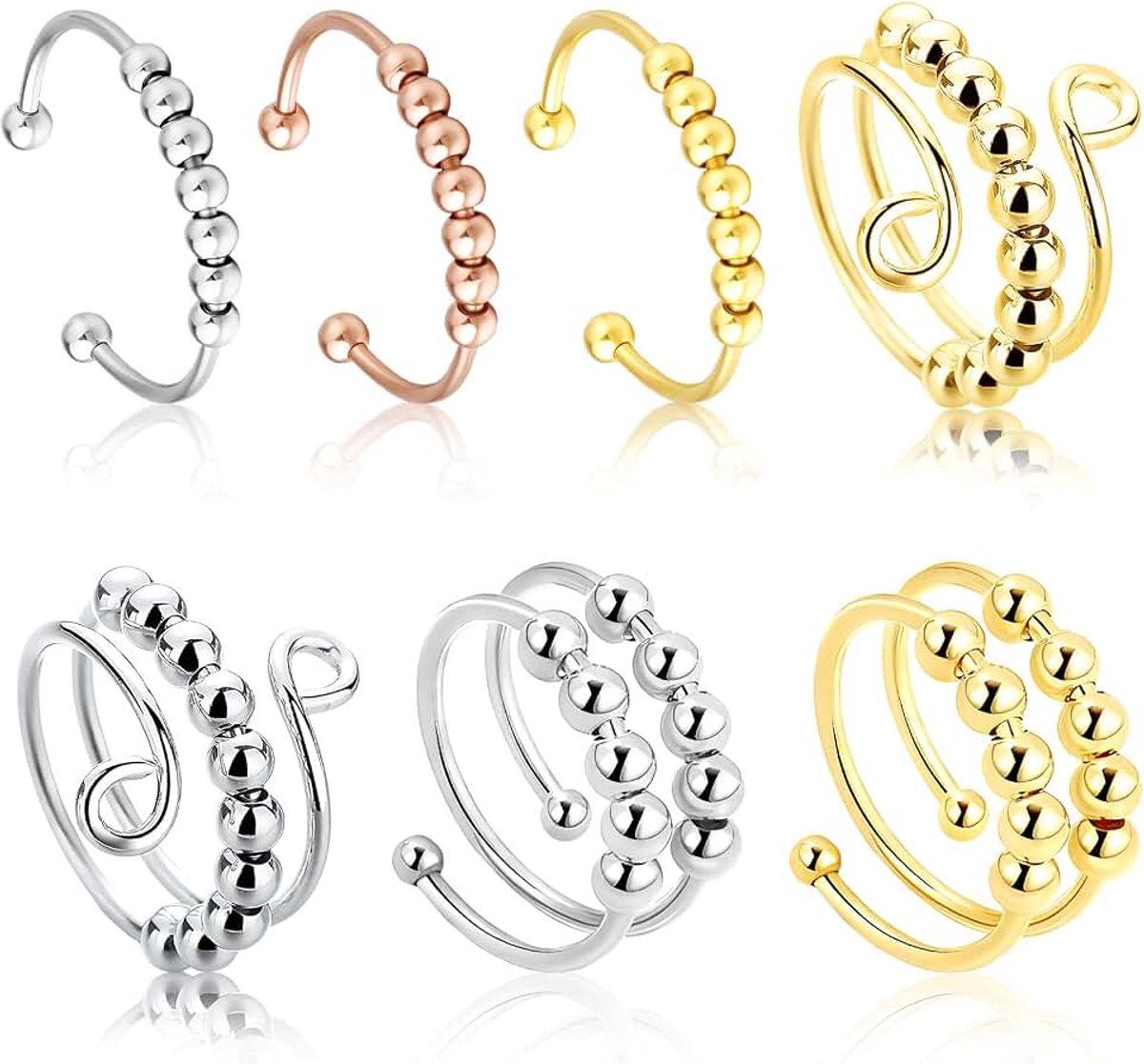 Ringen, gedeeld, verstelbaar, met parels, anti-stress-ring, draaibare ring, voor dames, roestvrij staal, geschenken voor dames en meisjes
