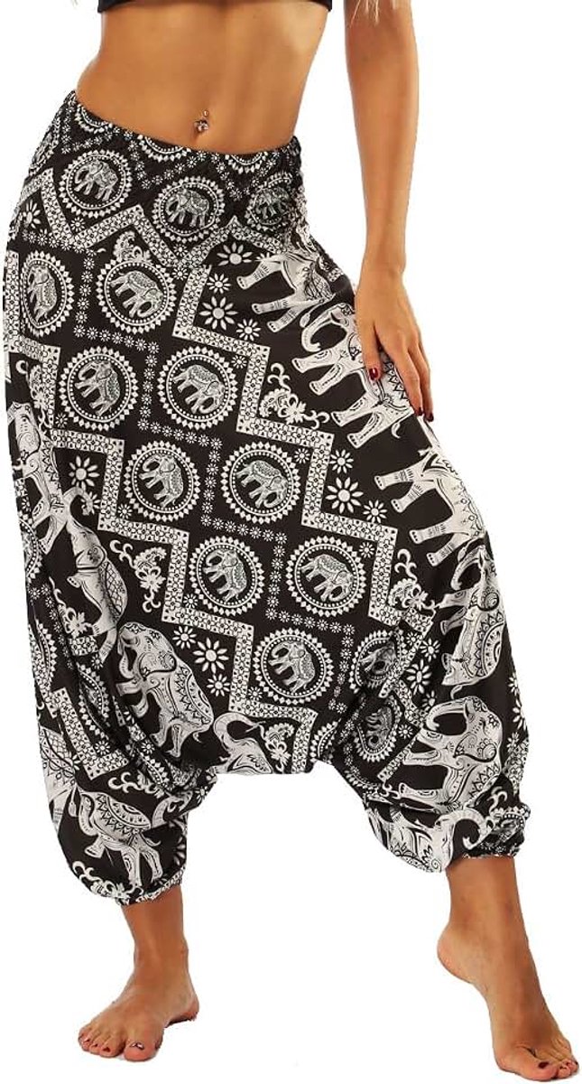 Thaise hippiebroek voor dames, bedrukt, voor de zomer, hoge elastische taille met zakken voor yoga, casual