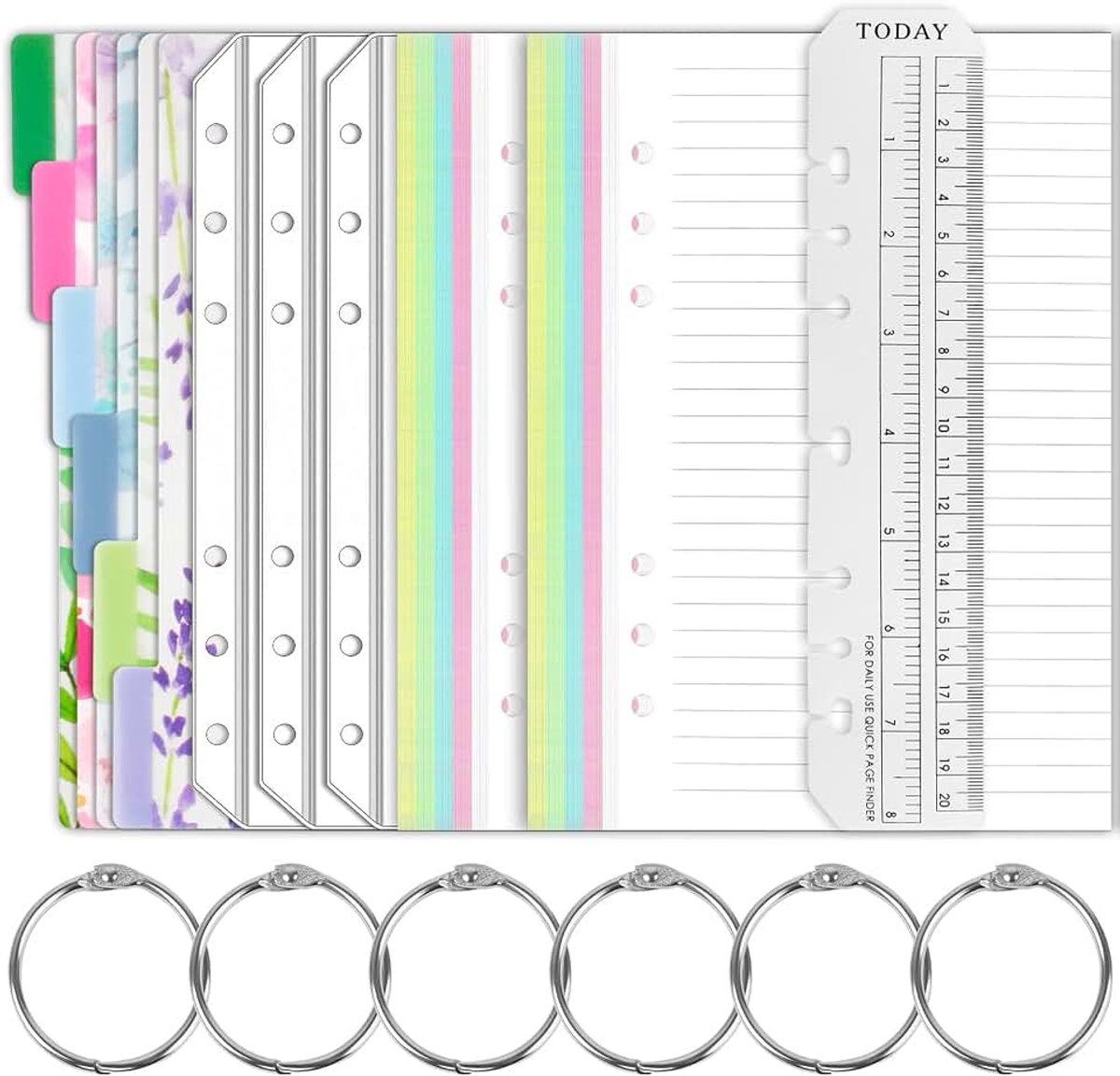 Navulpapier, 50 vellen, 6 gekleurde scheidingsbladen, kleurrijk, gelinieerd met liniaal, 3 doorzichtige vakken, planner, organizer voor notitieboek, dagboek