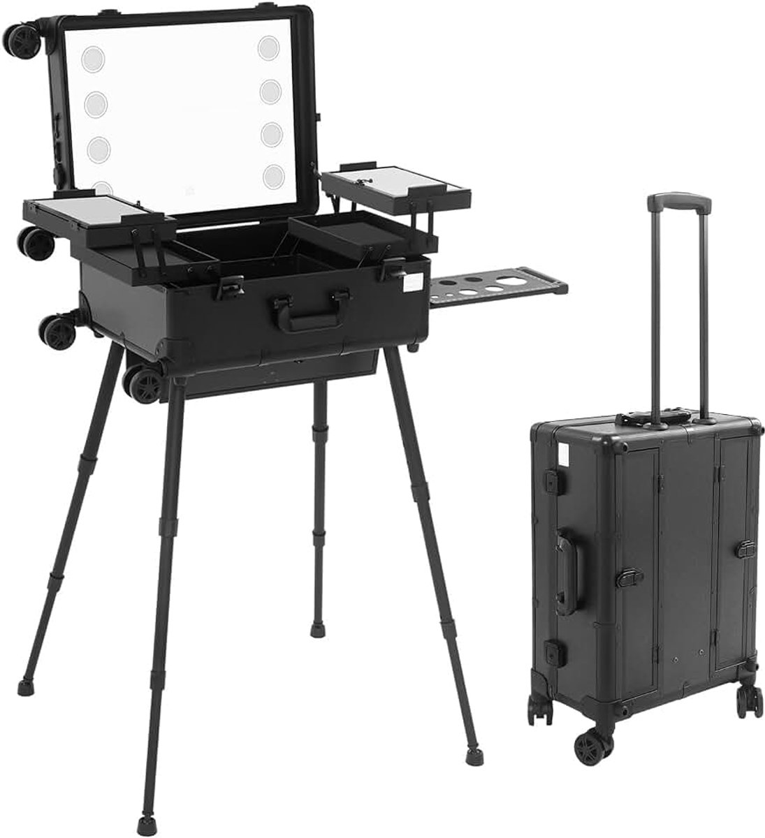 Make-upkoffer, trolley, professionele make-upkoffer, kapperskoffer, make-upkoffer met wielen, manicurekoffer, trolley, make-upkoffer met spiegel en ledlicht, verrijdbare make-upkoffer, zwart, 1
