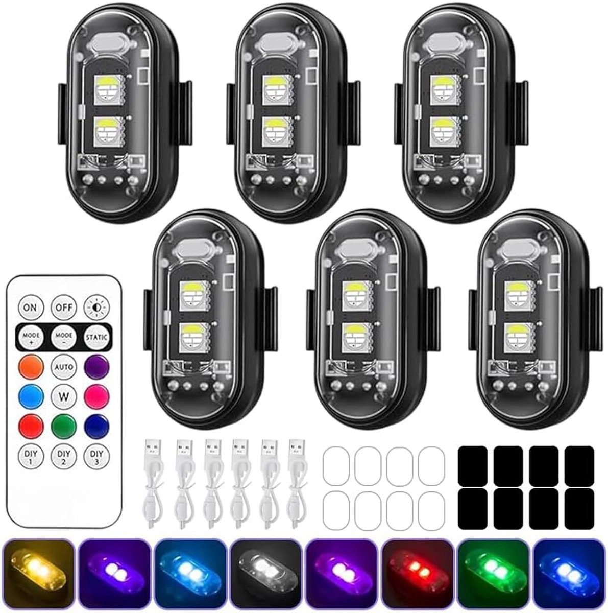 Led-stroboscooplampen, 6 stuks, draadloos, met afstandsbediening, led-stroboscooplichten voor motorfiets, met 8 kleuren, 10 modi, voor motorfiets, RC, auto, drone, vrachtwagen
