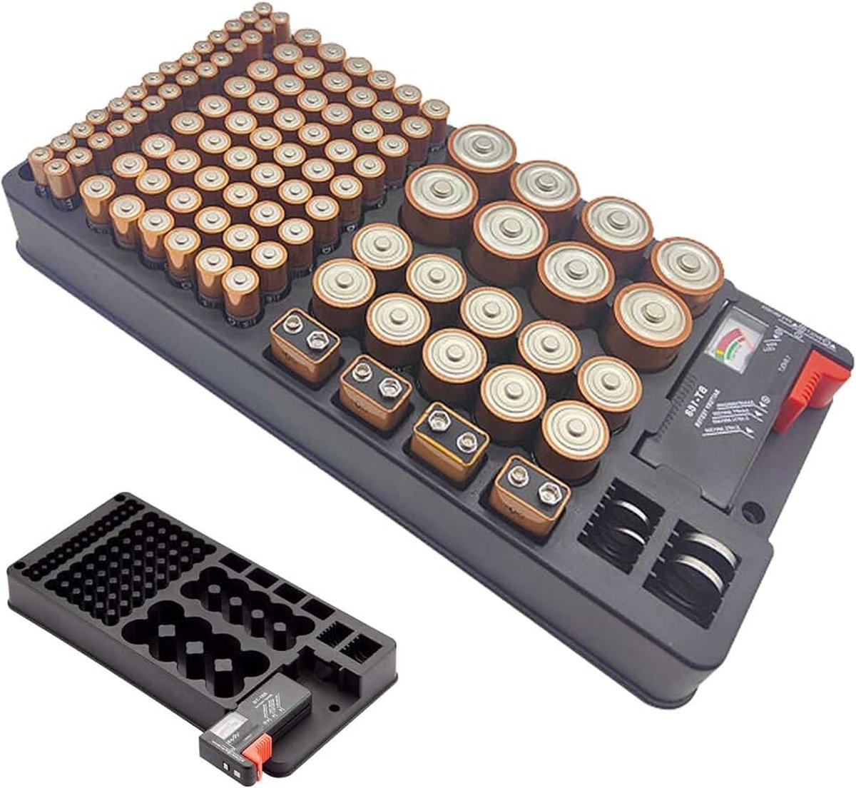 Batterij-opbergdoos, batterijopbergkoffer met tester, batterijorganizer voor 116 batterijen van verschillende maten, sorteerdoos voor AAA, AA, 9 V, C, D en knoopcelbatterij