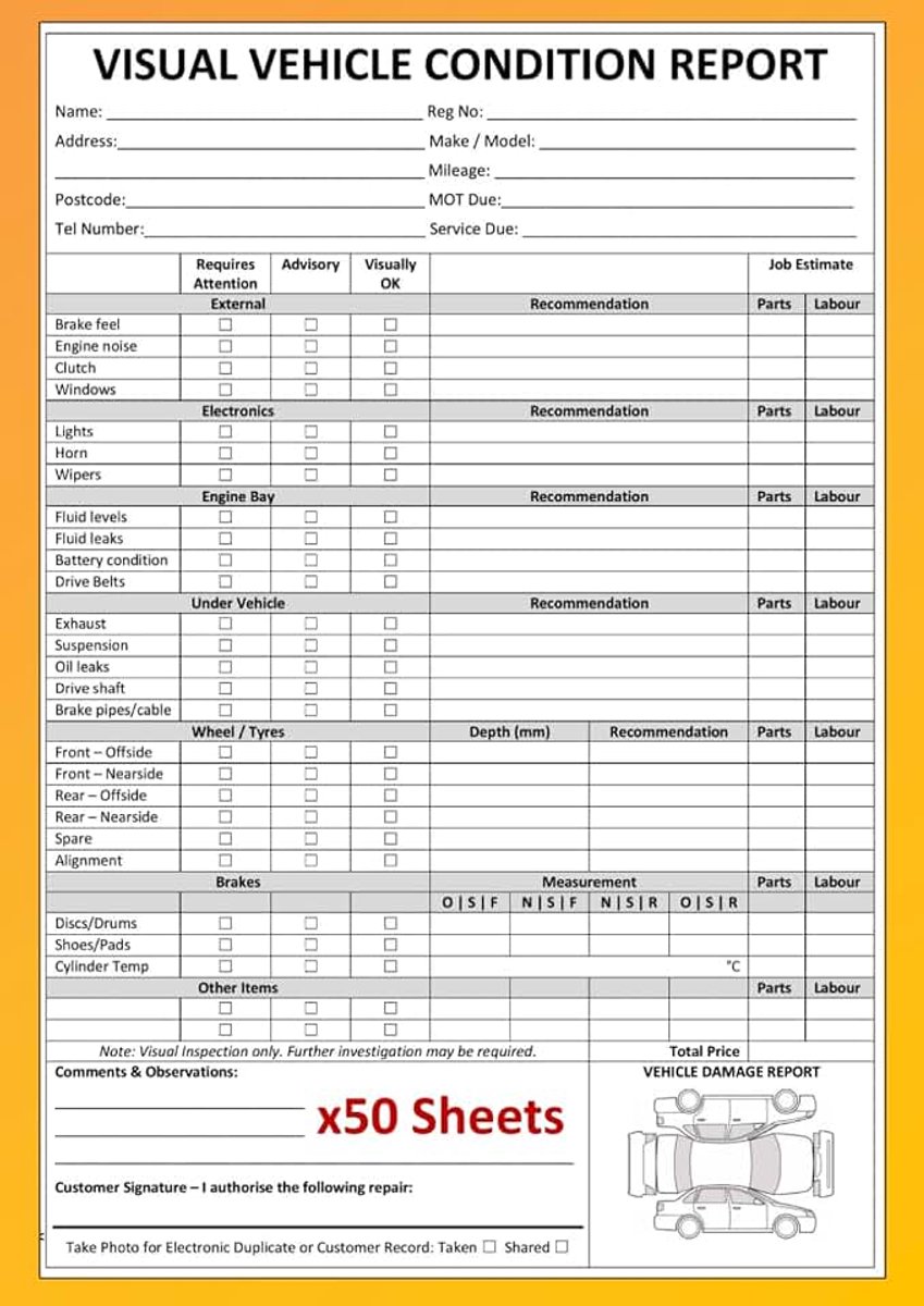 Inspection Checklist & Job Invoice – A4 Used Car Visual Inspection Book