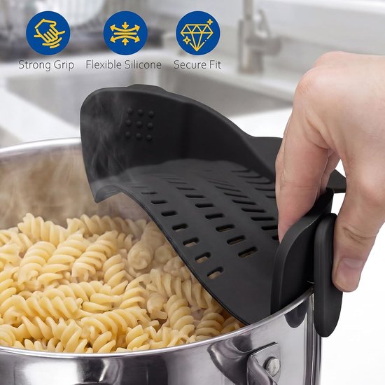 Pastazeef van siliconen met clip, universele zeef voor potten, pannen en kommen, filter voor pasta, groenten en rijst, hittebestendig, BPA-vrij, ruimtebesparend, zwart — afbeelding 5
