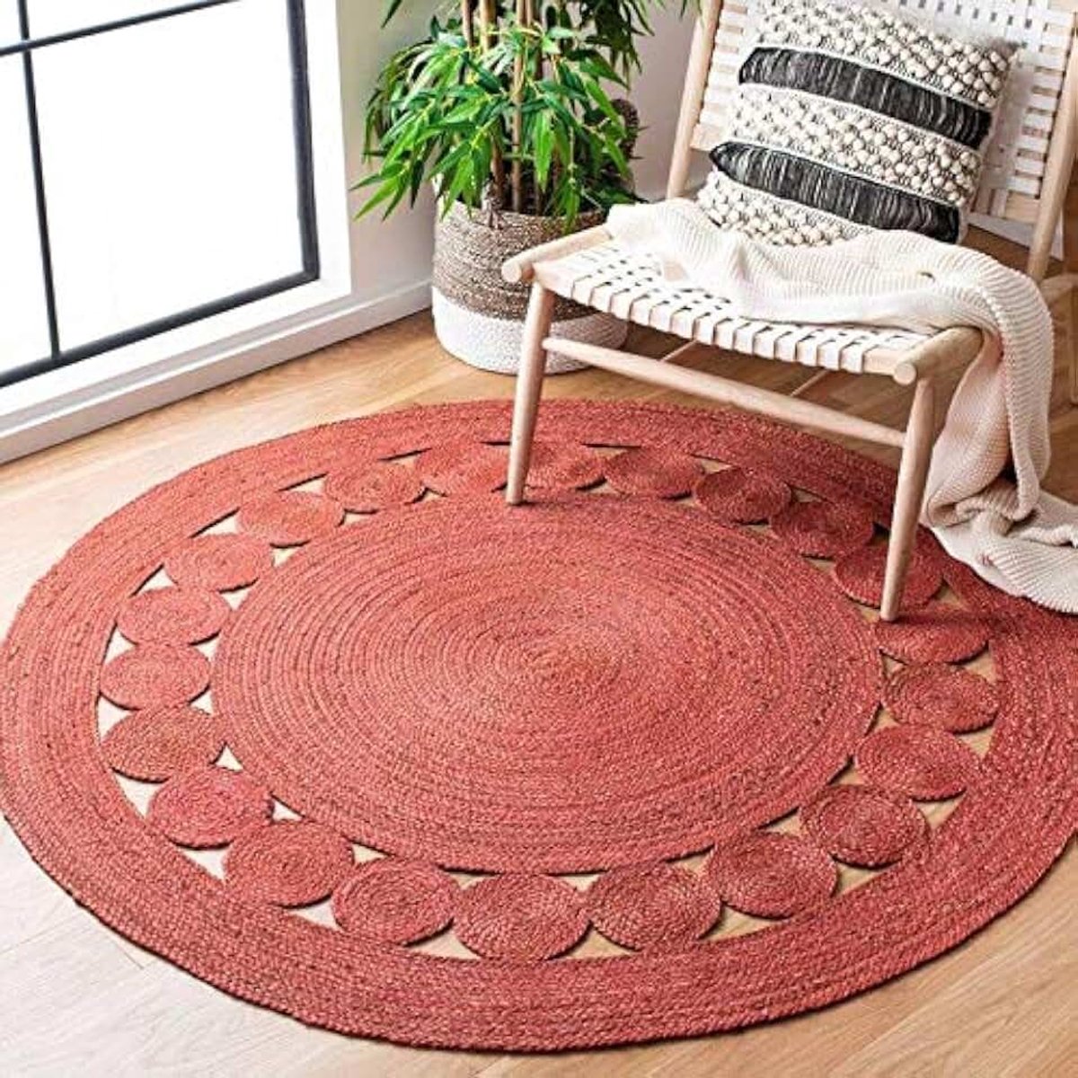 Jute tapijt, rond, handgevlochten, rond vloerkleed, voor woonkamer, keuken, hal, eetkamer (rood, 60 x 60 cm)