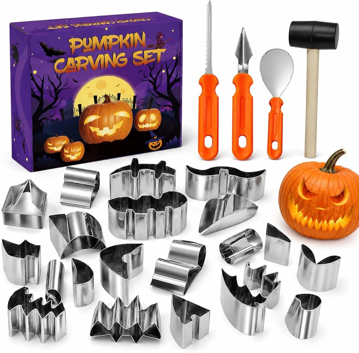 25-delige Halloween pompoen snijset, roestvrij staal pompoen snijgereedschap met 21 sjablonen en rubberen hamer, doe-het-zelf pompoen snijmes voor Halloween decoratie
