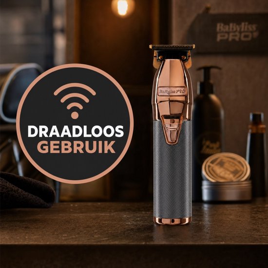 Rosegouden BaBylissPRO trimmer met grijze textuur op de handgreep. "DRAADLOOS GEBRUIK" is zichtbaar.