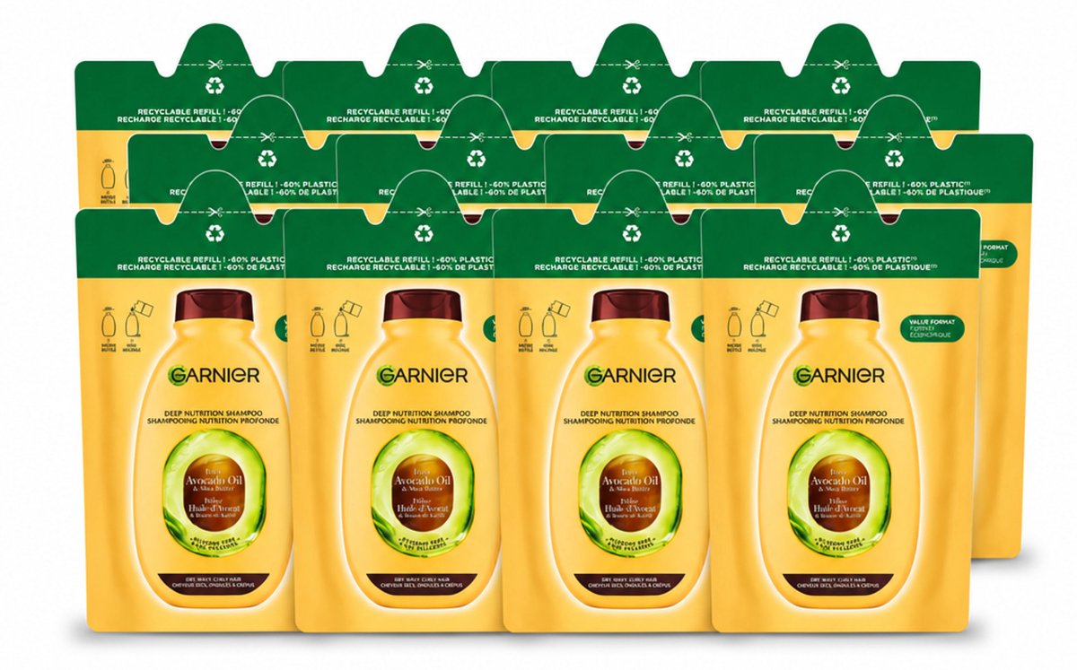12 x Garnier - Loving Blends - Shampoo Refill - Avocado Olie & Shea Boter - Zeer Droog, Golvend of Krullend Haar - 250 ml - Voordeelverpakking - 12 stuks