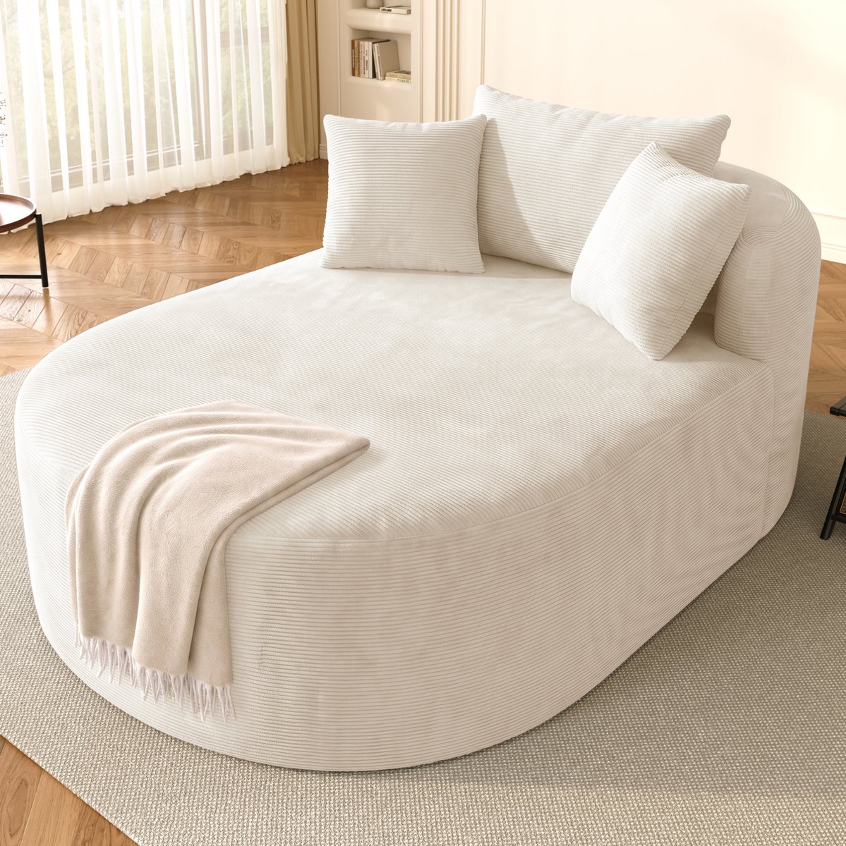 DESMIU Fauteuil 170 x 112,5 x 83 cm - Extra Diepe Zitting - Ovale Vorm - Voor Woonkamer En Slaapkamer - Ribstof - Lichtbeige