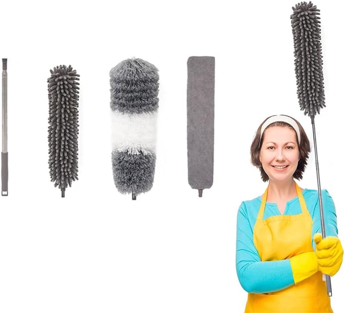 Complete set van 4 stofzuigeraccessoires, telescopische stofzuiger, afstofborstel, wasbaar, inclusief verlengstang en 3 vervangende opzetstukken voor het reinigen van plafonds, jaloezieën en meubels