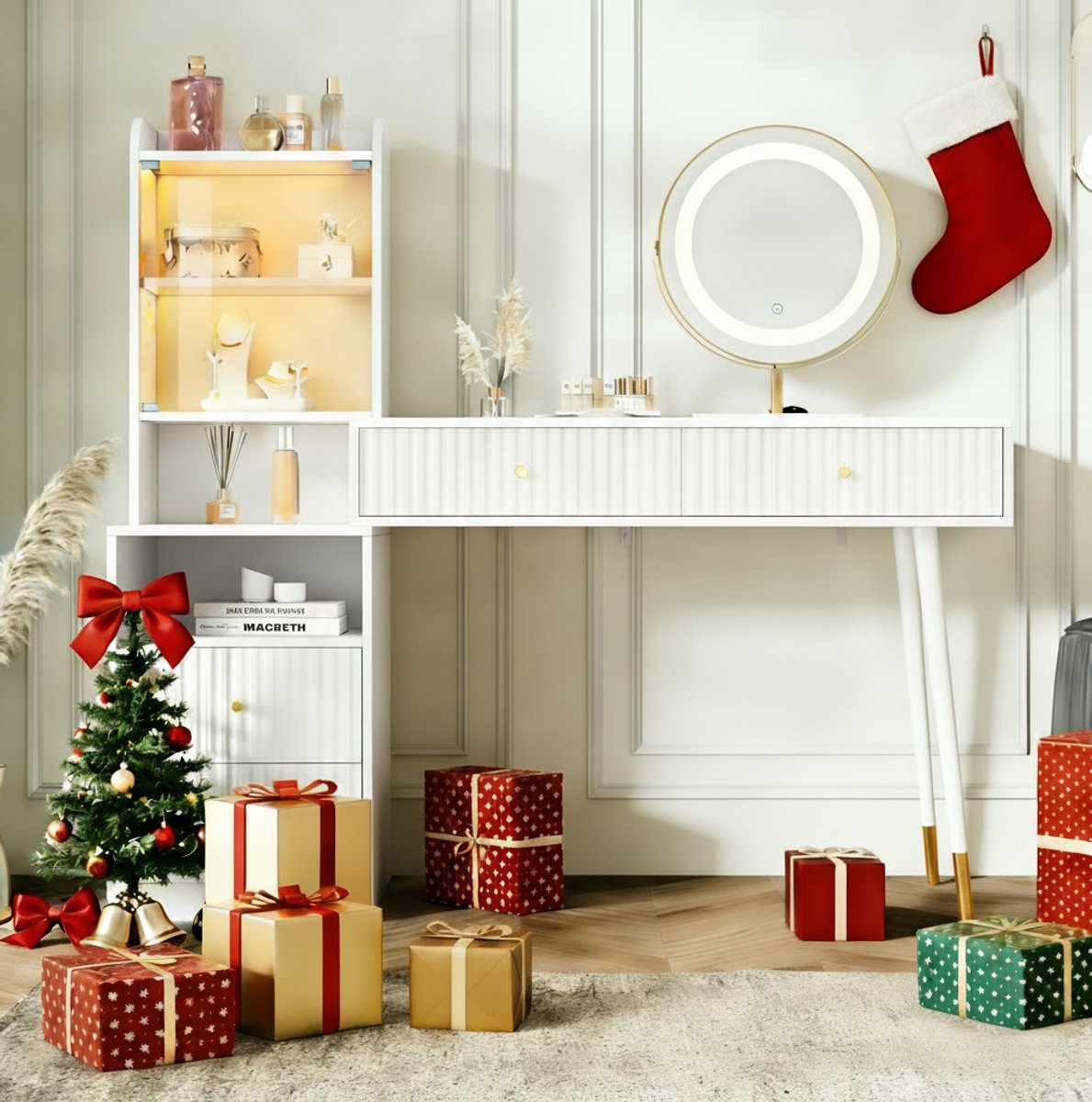 MEUNIQ Kaptafel 100 x 40 x 125 cm met driekleurige LED-spiegel, 4 lades, verlichte vitrinekast met glazen deur en open vak, wit