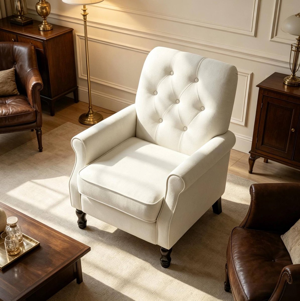 MODENUIT Fauteuil 69 x 75 x 90 cm - 1-Zits Met Dikke Zitting En Knopenrug - Woonkamer - Stof Crème
