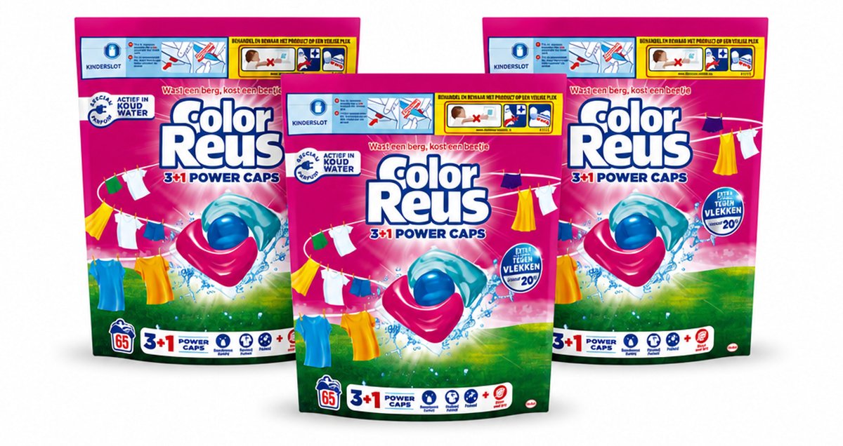 3 x Color Reus - 3+1 Power Caps - Gekleurde Was - 65 Wasbeurten - Voordeelverpakking - 3 stuks