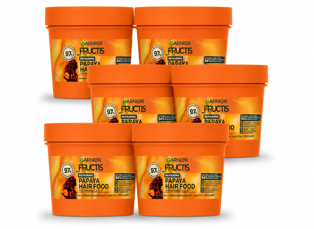 6 x Garnier - Fructis Hair Food Papaya - 3-in-1 Haarmasker - Beschadigd Haar - 400 ml - Voordeelverpakking - 6 stuks