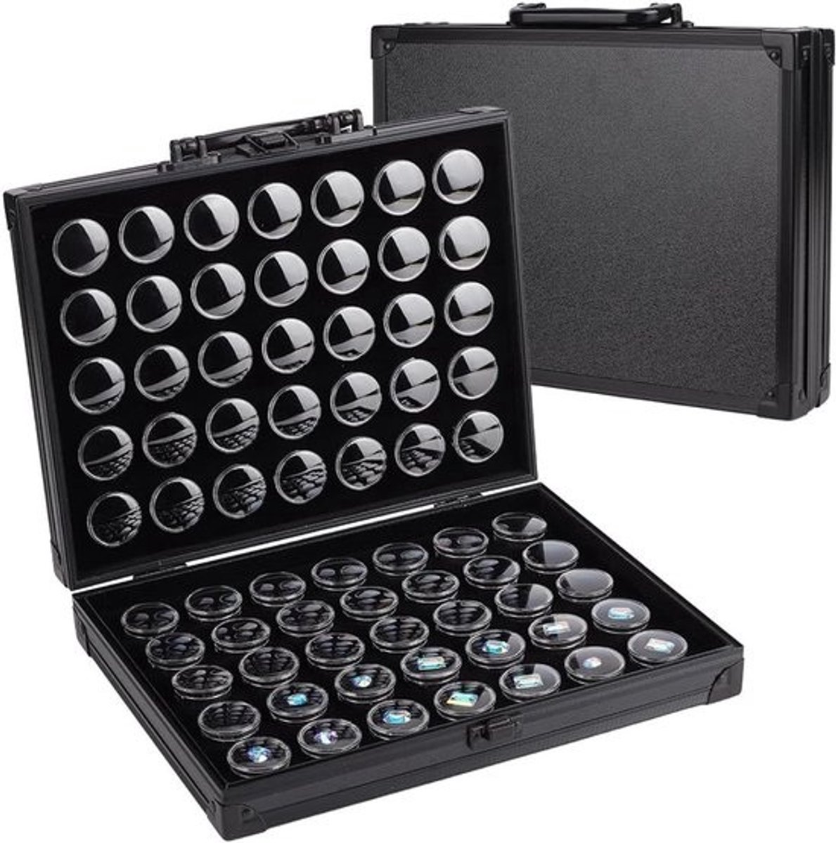 Sieradenstandaard en opbergdoos voor edelstenen, 32 x 18 mm, aluminium organizer voor kleine sieraden en losse diamanten, 70 stuks, zwart en praktisch in gebruik