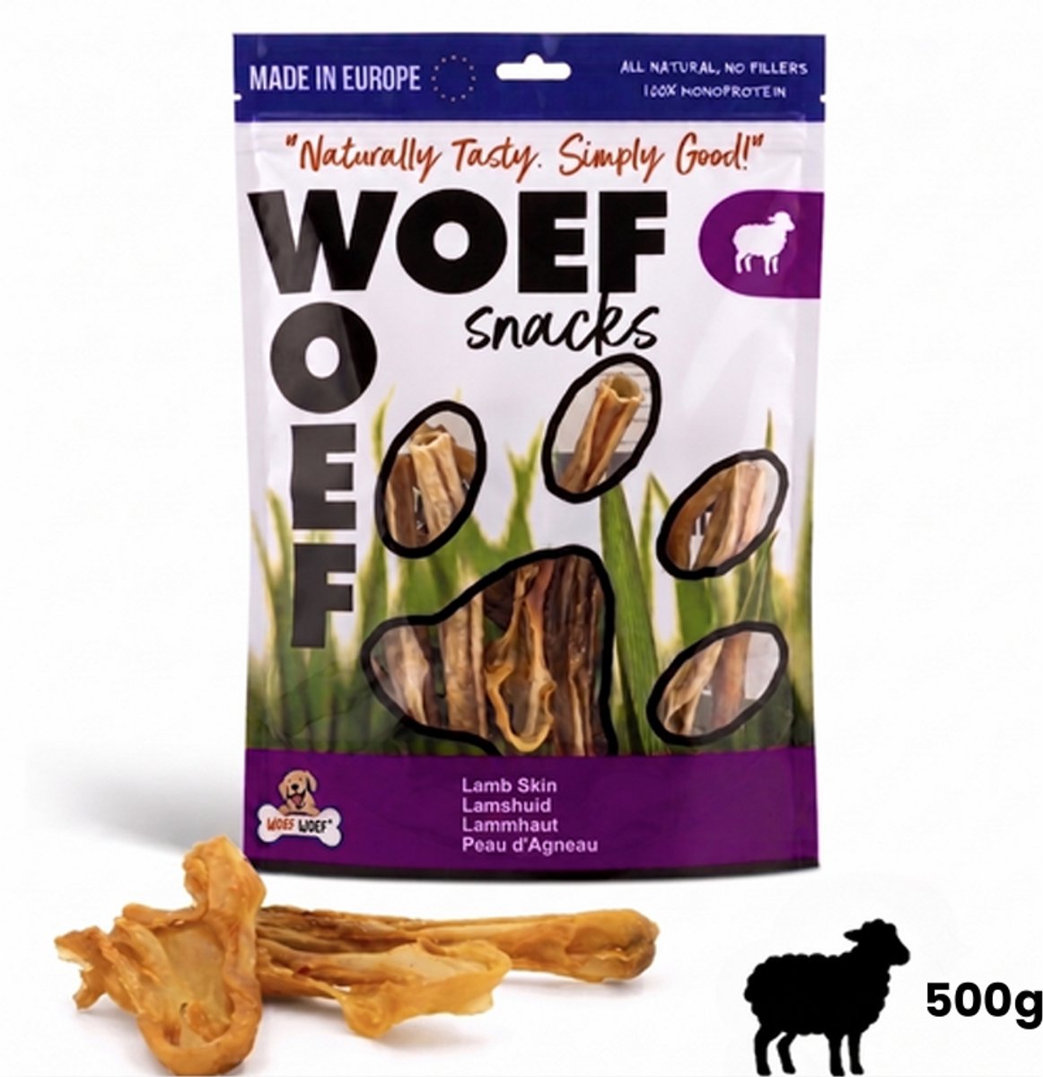Woef Woef Snacks Hondensnacks Lamshuid - 0.50 KG - Kauwsnacks - Gedroogd vlees - Lam - Honden vanaf 8kg - Geen toevoegingen