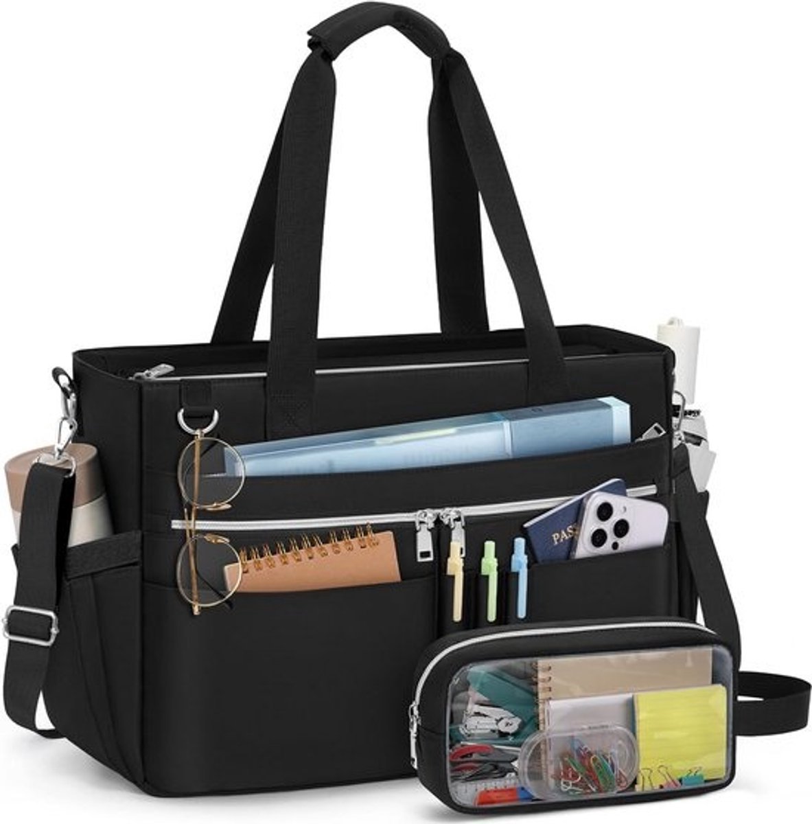 Grote Tote Bag voor Dames met 15,6 inch Laptopvak en Extra Clutch