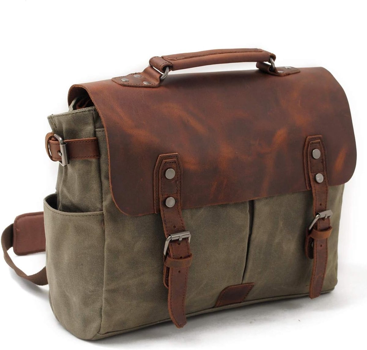 Messengertas, voor dames en heren, vintage, echt canvasleer, geschikt voor MacBook pro of laptop van 14 of 15 inch, schoudertas, geschikt voor zakelijk gebruik, werken, school, college en het dagelijks leven, legergroen