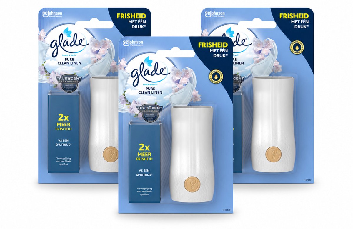 3 x Glade - Houder Touch & Fresh - Pure Clean Linen - 10 ml - Bulkverpakking - 3 stuks