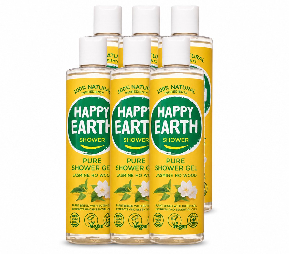 6 x Happy Earth – Douchegel – 100% Natuurlijk Jasmine Ho Wood – 300 ml - Voordeelverpakking - 6 stuks
