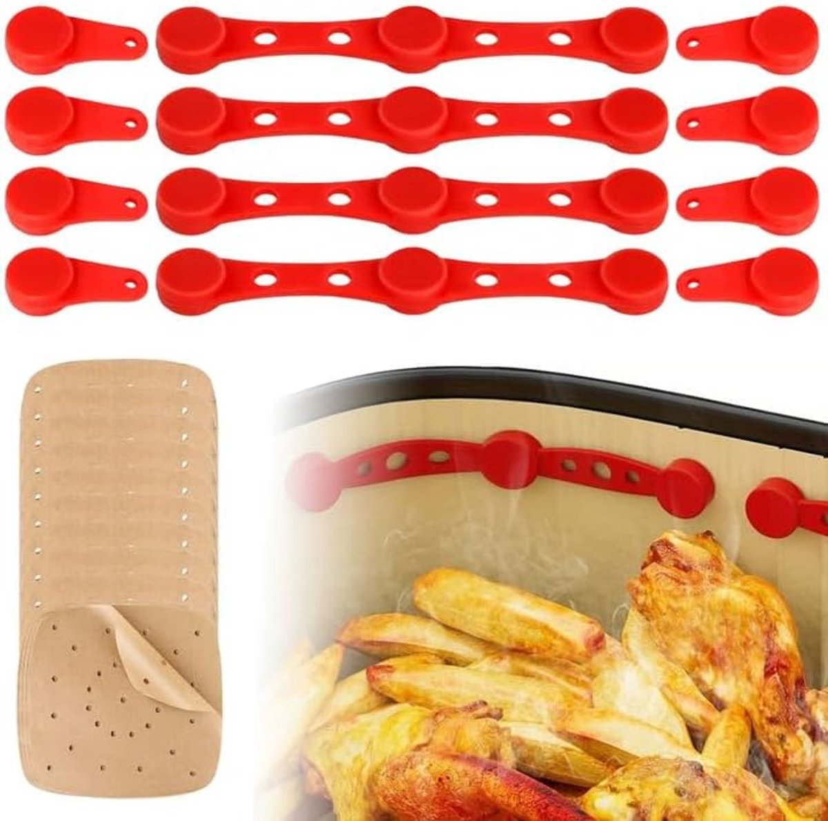 Set van 4 siliconen magneten voor airfryer, 50 stuks bakpapier voor airfryer, heteluchtfriteuse, magneetset voorkomt dat wegwerppapieren matten levensmiddelen bedekken en verbranden