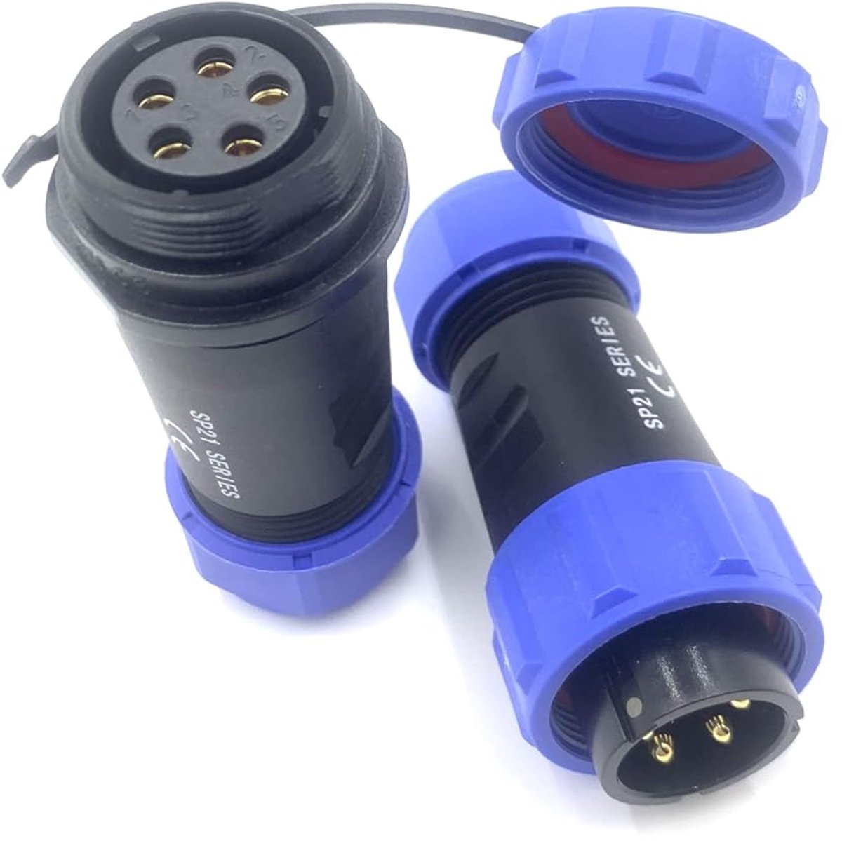 Luchtvaartstekker SP21 5-polig, mannelijke stekker en vrouwelijke aansluiting Kabelstekkerverbinder IP68 5-pins waterdichte ronde stekker In-line type luchtvaartstekker 500V 30A