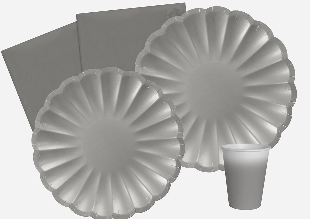 Tableware Set Flower Shape for 24 people (112 pcs: 24 plates Ø23cm, 24 plates Ø18cm, 24 cups 200ml, 40 napkins 33x33cm) in compostable paper, silver