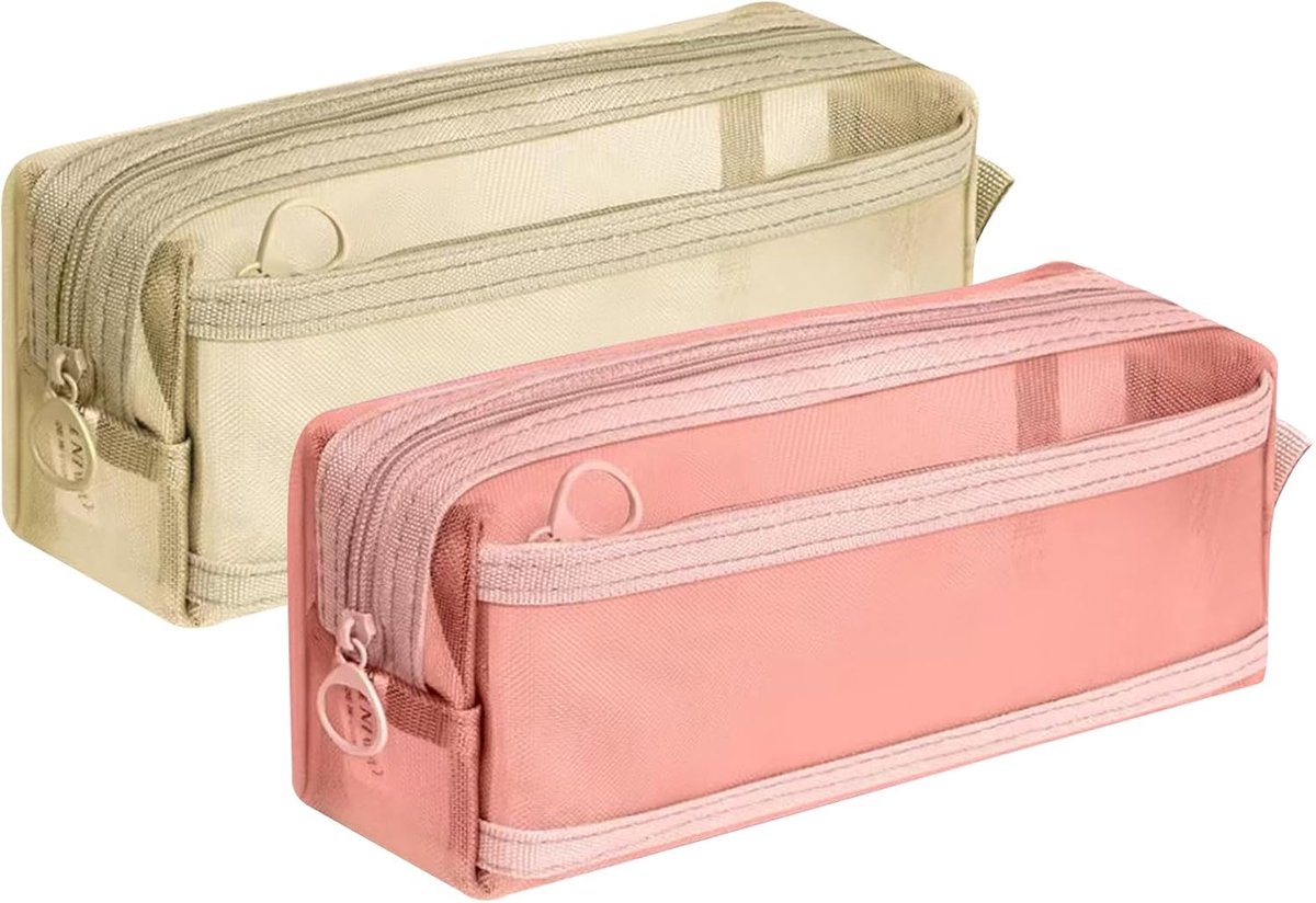 2-delige transparante tule etui, schooletui, nylon, pennenetui, pure stijl en grote capaciteit, jurk potloodtas, pennenetui voor meisjes, jongens, studenten