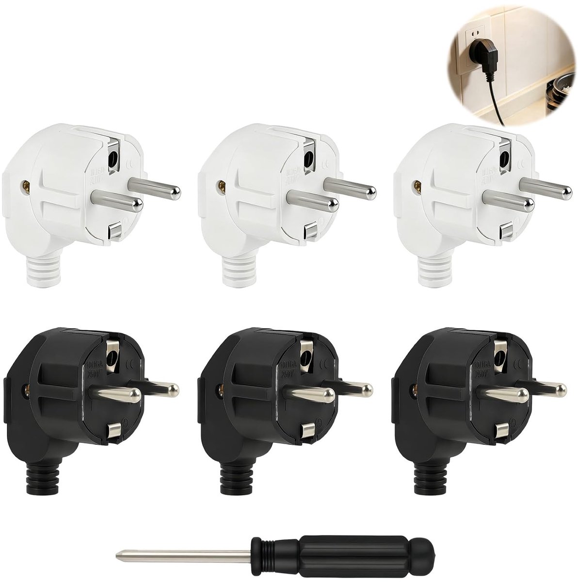 Set van 6 waterdichte Schuko-elektrische stekkers 250 V 16 A, robuuste en hoogwaardige connectoren voor binnen en buiten, ideaal voor reparaties, eenvoudige installatie