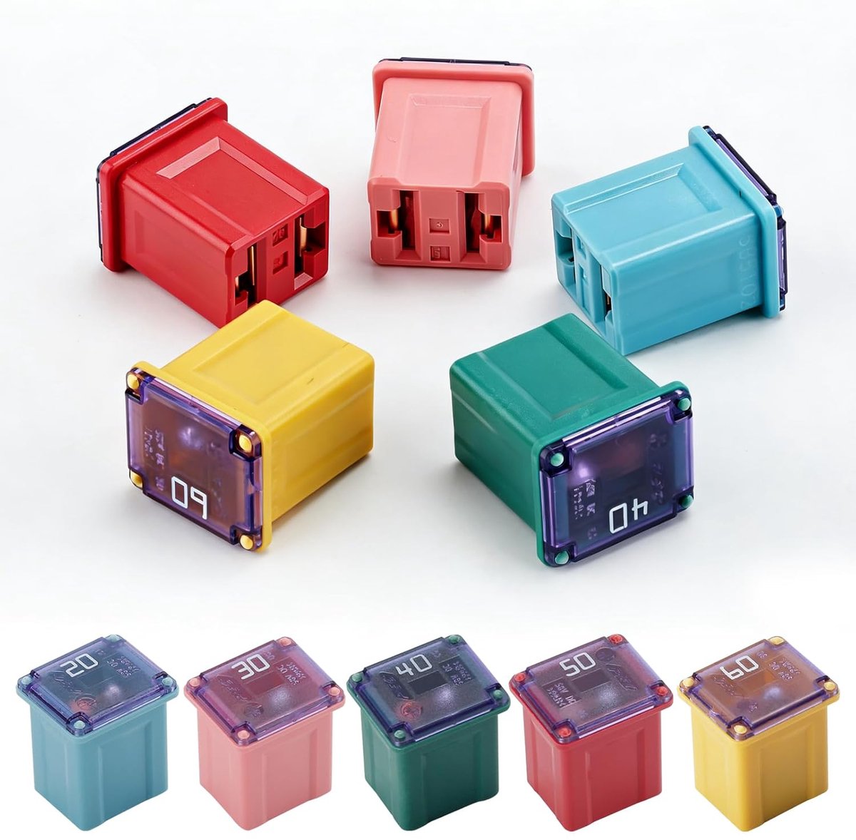 Blokzekeringen, 10 stuks, mini-laag profiel, 20 A/30 A/40 A/50 A/60 A, micro-autozekeringen, reservezekeringen, auto-accessoires voor vrachtwagens, auto's en SUV's, boten, elk 2 stuks