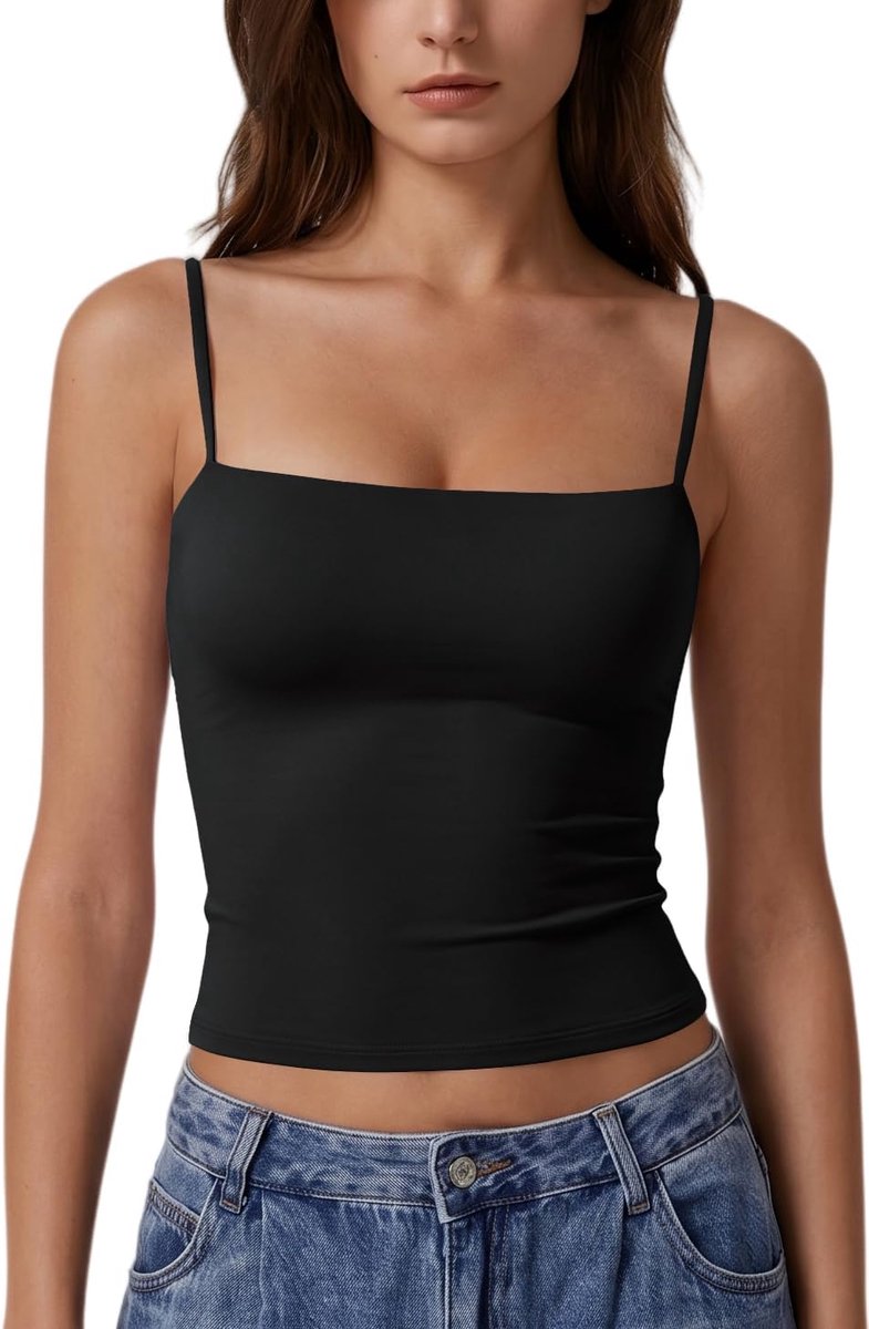 Tanktop voor dames met vierkante hals, crop top met verstelbare spaghettibandjes, zomer, onderhemd van dubbele stof, elegant, slim fit Y2K, basic tops, onderjas, casual, camisole