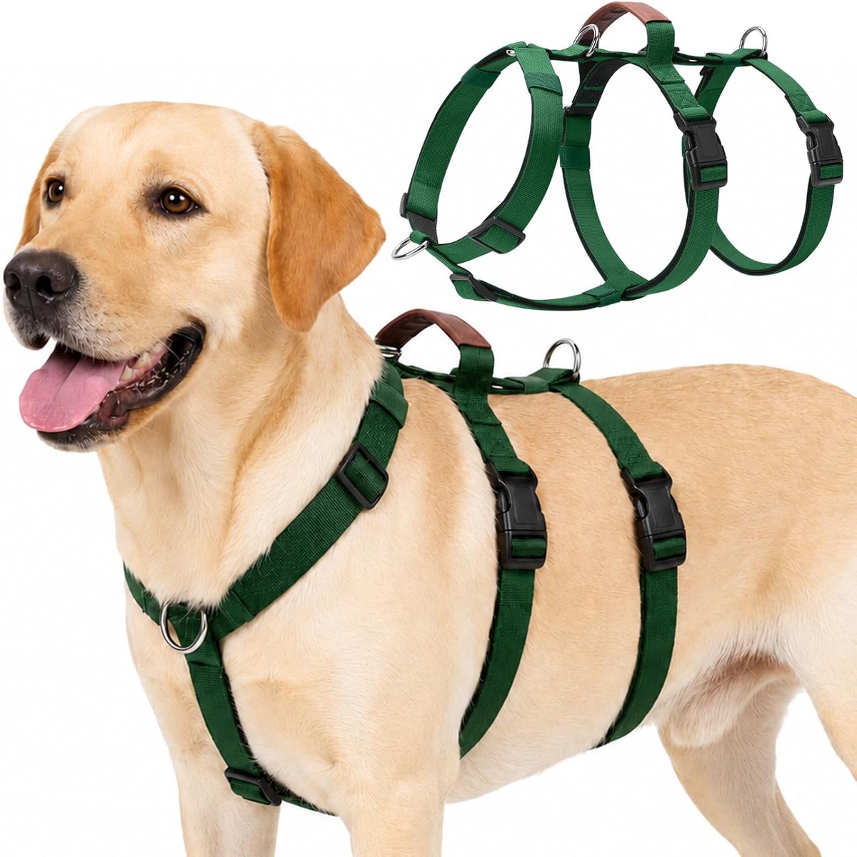 Veiligheidsharnas voor honden, ontsnappingsbestendig, anti-trekharnas, paniekharnas voor honden, verstelbaar borstharnas met gevoerde handgreep, voor middelgrote en grote honden (donkergroen