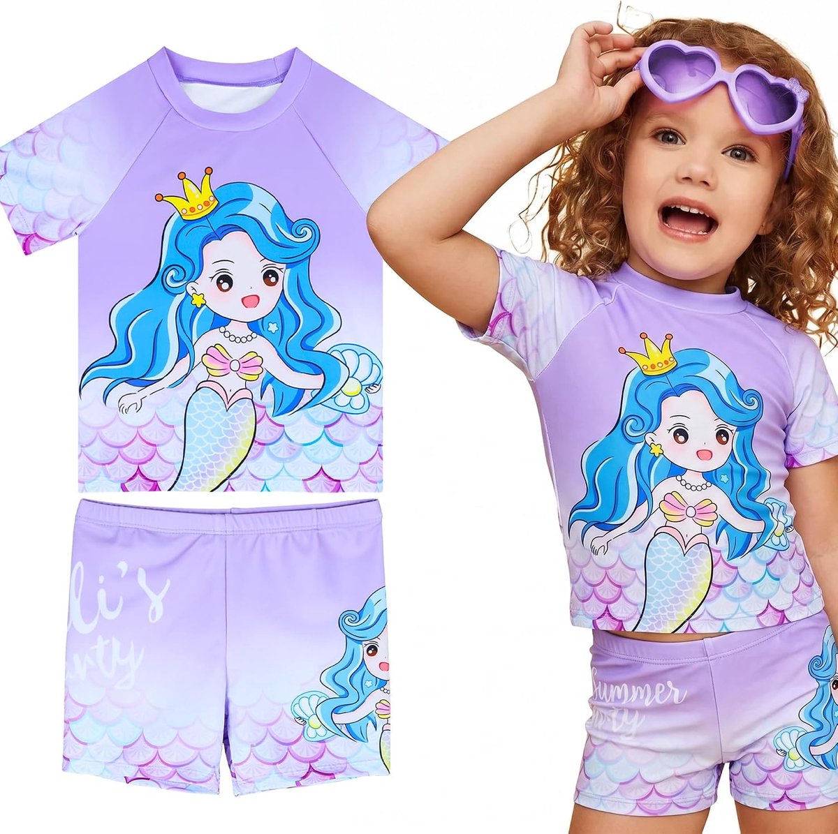 Zwemkleding voor kinderen, uv-badkleding voor meisjes, tweedelig, sneldrogend, zwemshirt, zeemeerminnenbadpak voor meisjes, zwemshorts, comfortabel, ademend, uv-zwemshirt