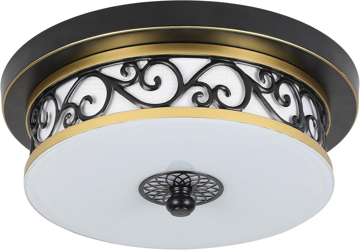 Plafondlamp, rond, vintage, Ø 30 x H 10 cm, ijzer, glas, zwart, brons, villa voor woonkamer, keuken en eetkamer, neutraal licht 4500 K.