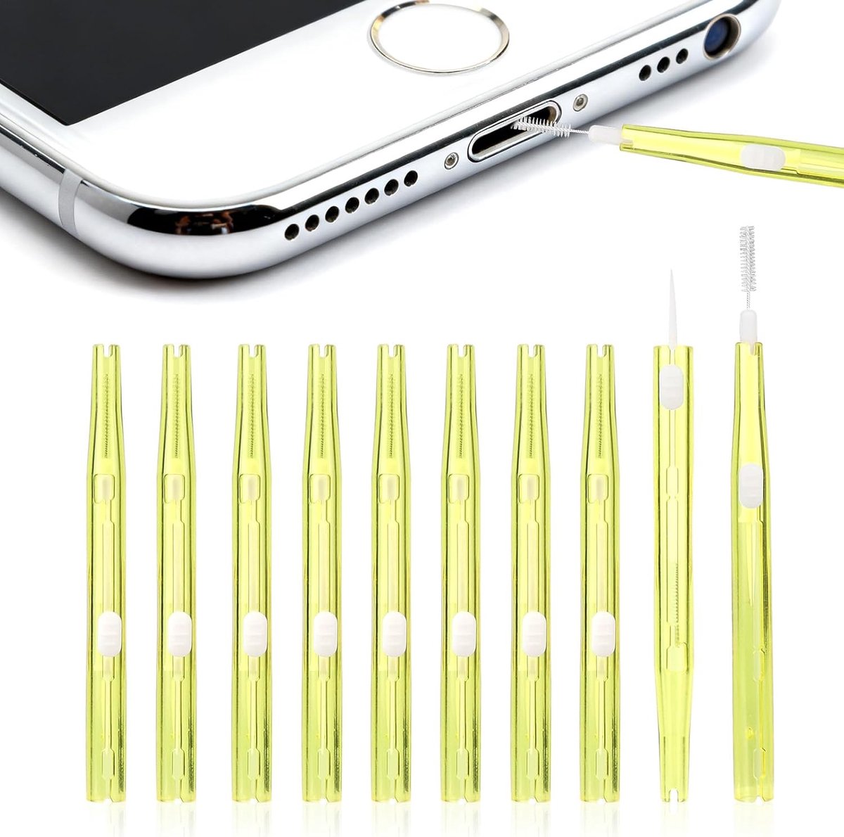 10st Oplaad Laadpoort Reinigingsborstel Set, Plastic Telefoon Reinigingsborstel met Nylonharen & Haak Dubbel Gebruik Poort Reiniger Accessoires voor Mobiele Telefoon Hoofdtelefoon (Geel)