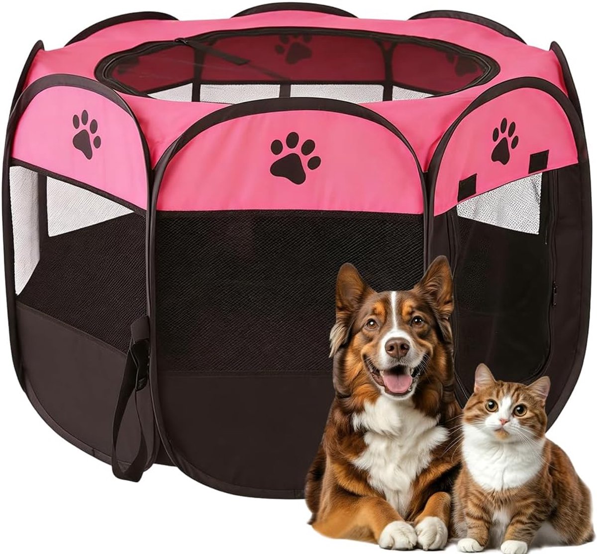 Opvouwbare hondenren voor woning, kattenverblijf, konijnenren binnen, voor hondenbox, katten, hazen en kleine dieren, zowel binnen als buiten (rozerood, S, pootmotief)