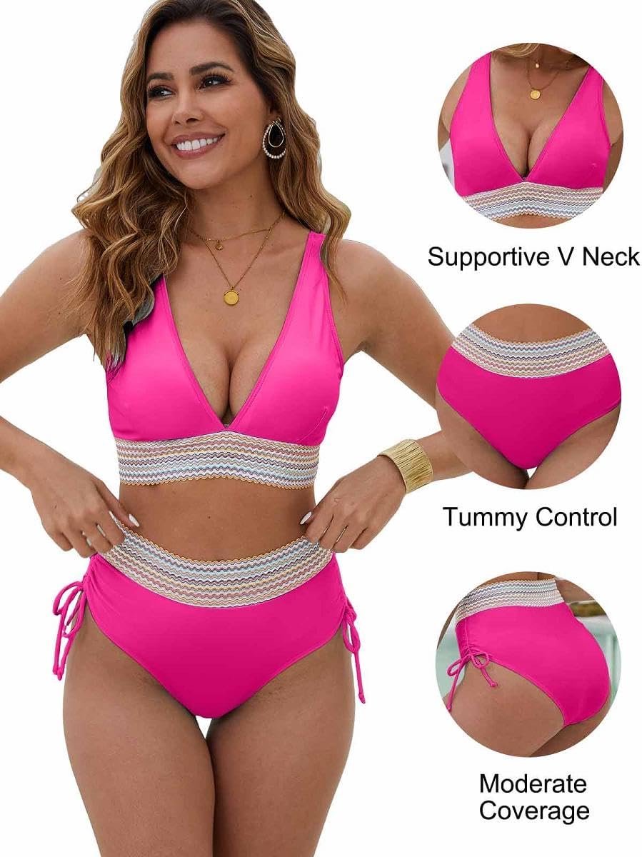 Bikiniset voor dames, hoge taille, push-up V-hals, gevoerde bikinitops, buikcontrole, badmode met verstelbare schouderbanden, 2-delig badpak, badpak, strand, zwemkostuum