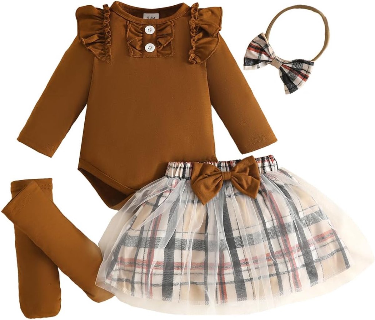 Meisjes herfstrok outfits ruches lange mouwen romper plaid rok met hoofdband schattige pasgeborenen kleding set 0-18 maanden